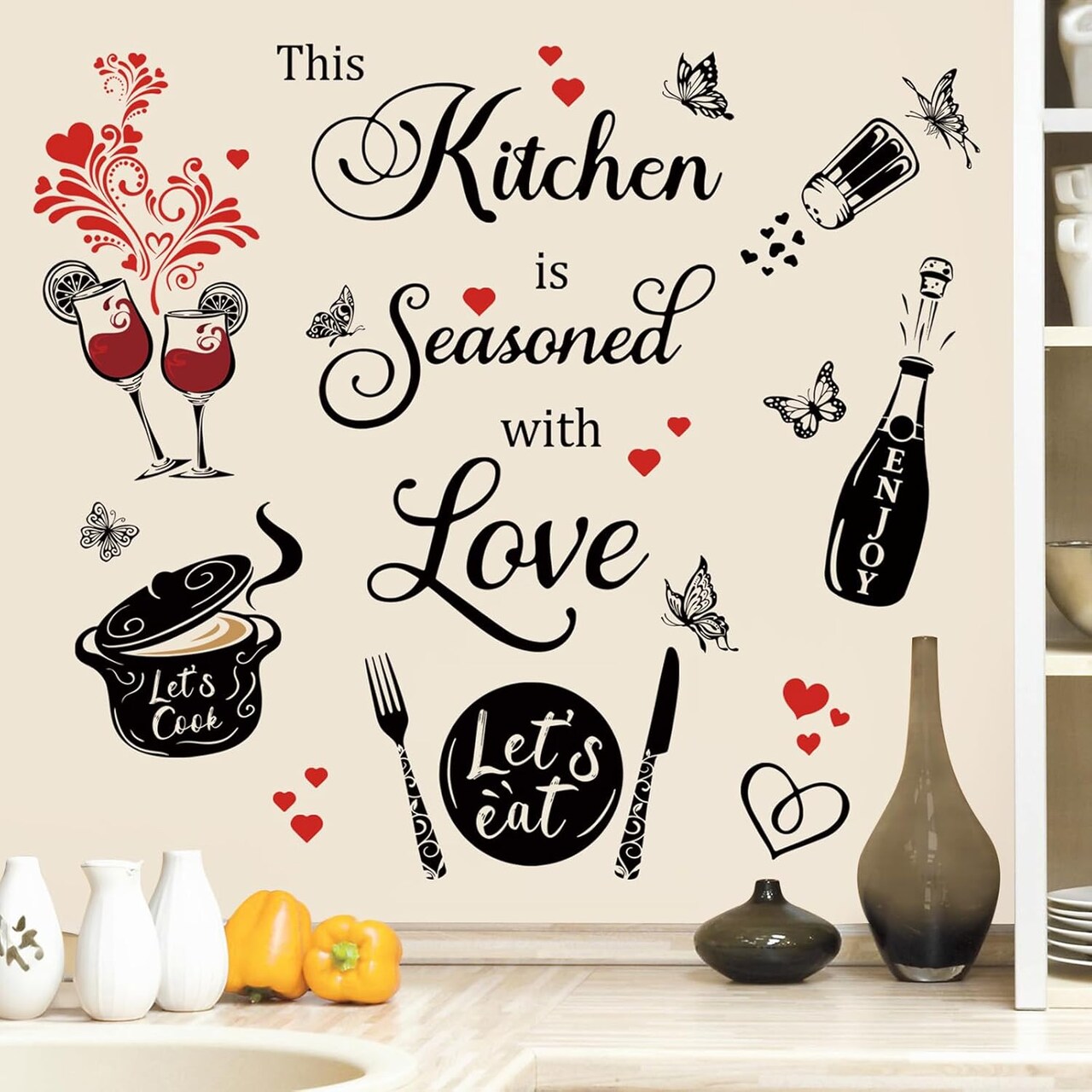 Kitchen Quotes Wall Stickers This Kitchen is Seasoned with Love Saying Red Heart Peel (Multi)
